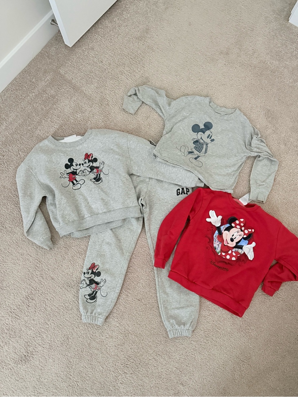 GAP Kids Minnie & Mickey Sweatshirt Set in Red and Heather Gray